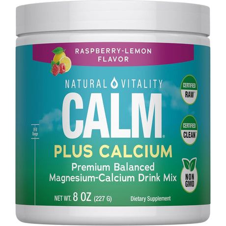 Frasco frontal de Natural Vitality CALM Plus Calcium en polvo sabor frambuesa y limón, presentación de 227 g.
