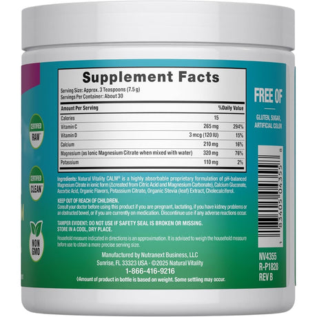 Información del suplemento de Natural Vitality CALM Plus Calcium sabor frambuesa y limón, presentación de 227 g.