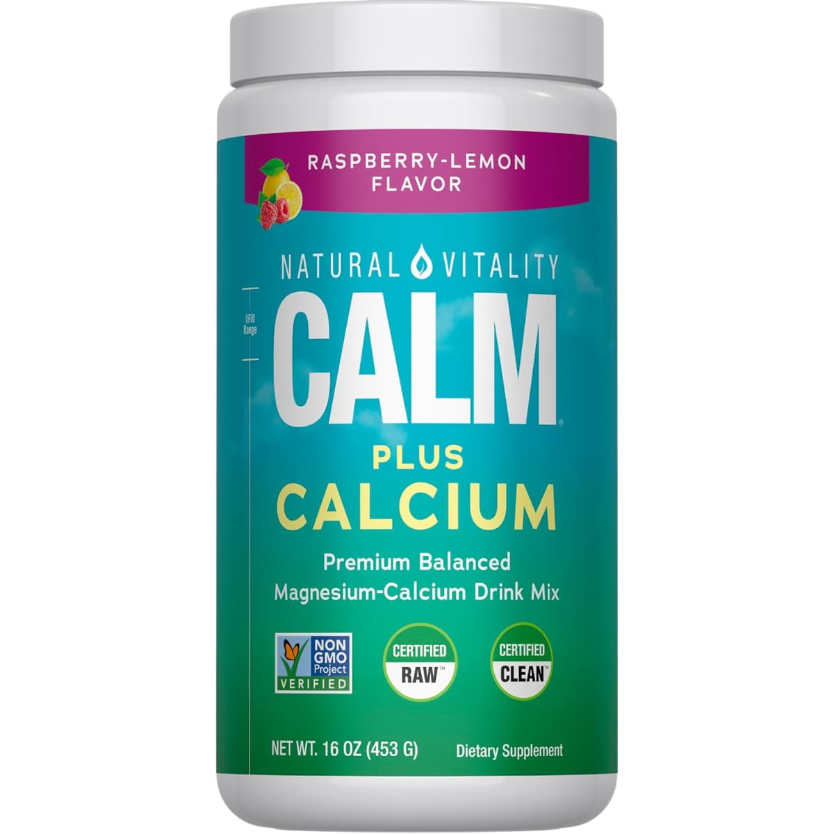 Frasco frontal de Natural Vitality CALM Plus Calcium en polvo sabor frambuesa y limón, presentación de 453 g.
