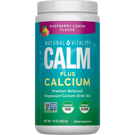 Frasco frontal de Natural Vitality CALM Plus Calcium en polvo sabor frambuesa y limón, presentación de 453 g.