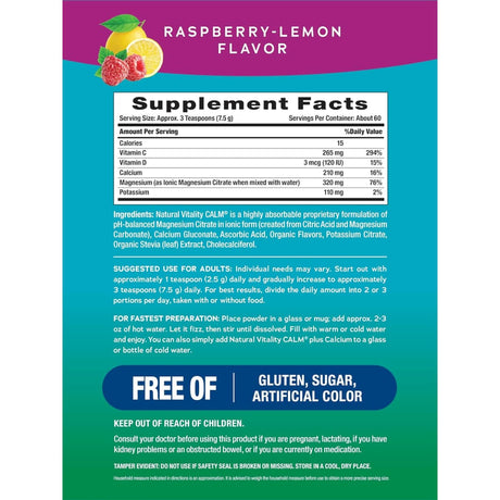Información del suplemento de Natural Vitality CALM Plus Calcium sabor frambuesa y limón, presentación de 453 g.