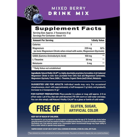 Información del suplemento de Natural Vitality CALM Sleep sabor frutos rojos, presentación de 453 g