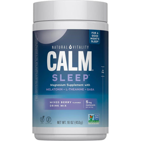 Frasco frontal de Natural Vitality CALM Sleep con magnesio, melatonina, GABA y L-teanina sabor frutos rojos, 453 g
