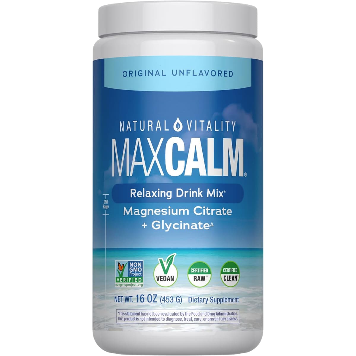 Frasco frontal de Natural Vitality MAXCALM magnesio sin sabor de 16 oz