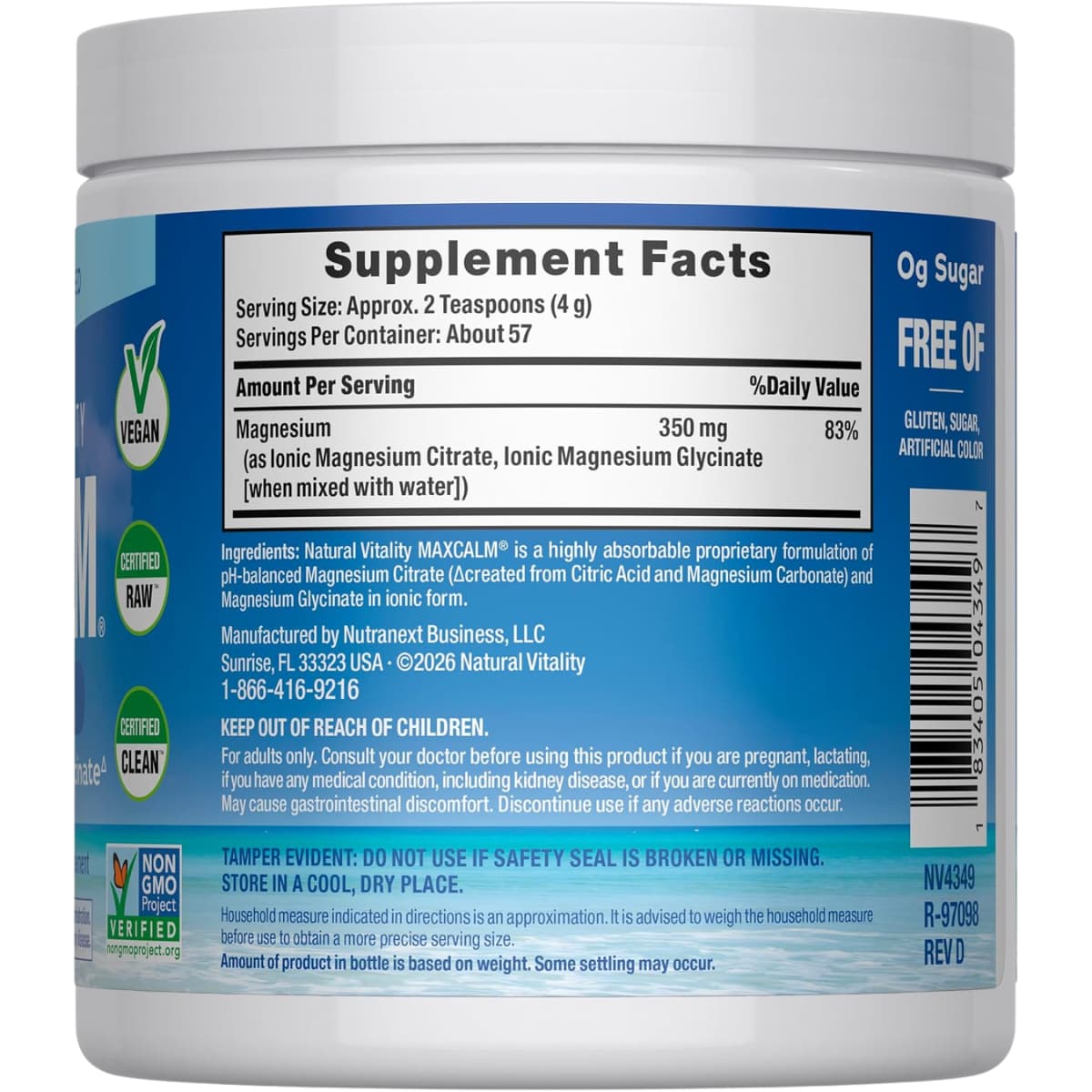 Información del suplemento de Natural Vitality MAXCALM magnesio sin sabor de 8 oz