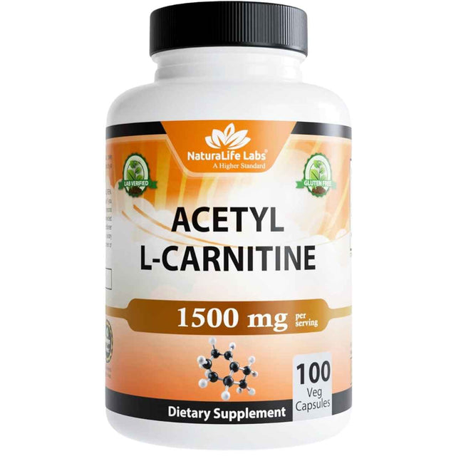 Frasco de suplemento NaturaLife Labs Acetil-L-Carnitina 100 cápsulas