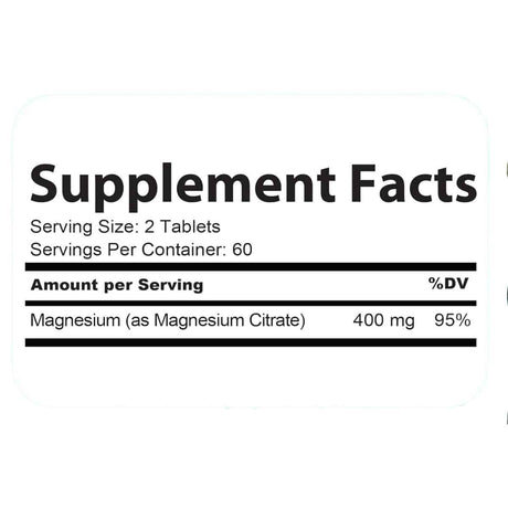 Tabla nutricional del citrato de magnesio NaturaLife Labs con 400 mg de magnesio por porcion