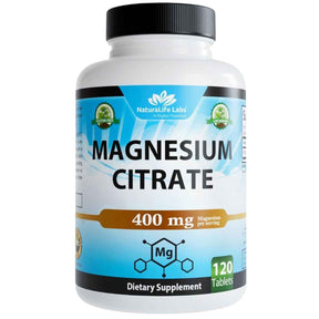 Frasco de citrato de magnesio NaturaLife Labs con 400 mg por porcion y 120 tabletas