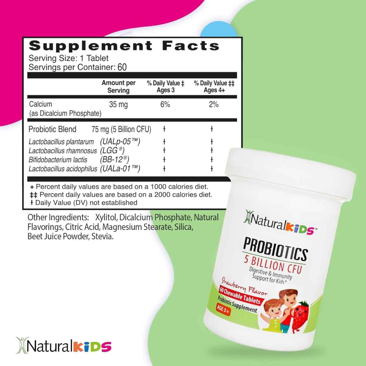 Tabla nutricional del suplemento NaturalKids Probióticos Sabor Fresa 60 tabletas masticables