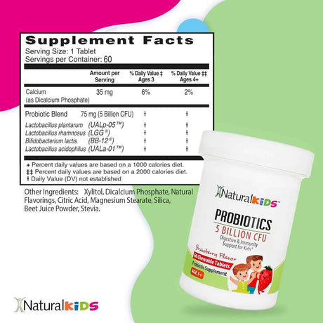 Tabla nutricional del suplemento NaturalKids Probióticos Sabor Fresa 60 tabletas masticables