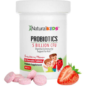 Frasco de suplemento NaturalKids Probióticos Sabor Fresa 60 tabletas masticables