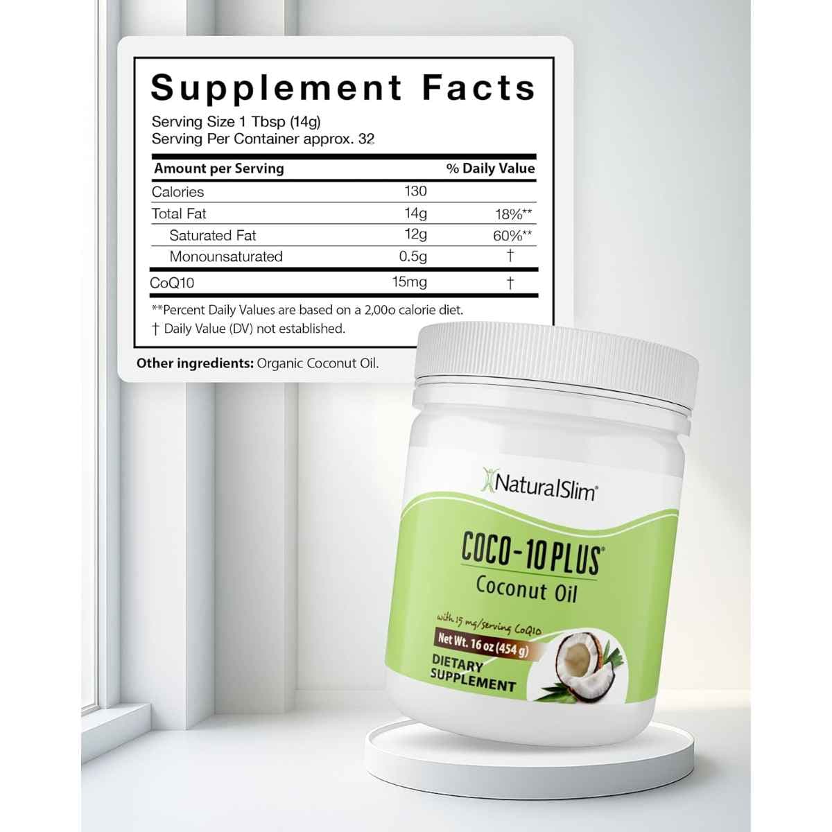 Tabla nutricional del suplemento NaturalSlim COCO-10 PLUS Aceite de Coco/CoQ10 454 g