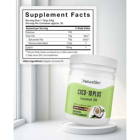 Tabla nutricional del suplemento NaturalSlim COCO-10 PLUS Aceite de Coco/CoQ10 454 g
