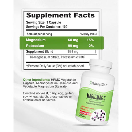 Etiqueta de suplemento de NaturalSlim MagicMag C con citrato de magnesio, potasio e ingredientes del producto