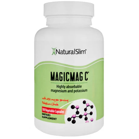 Frasco frontal de NaturalSlim MagicMag C con citrato de magnesio y potasio en presentación de 100 cápsulas