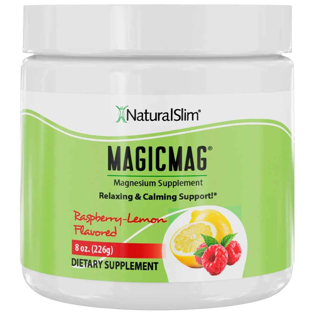 Frasco frontal de NaturalSlim MagicMag magnesio en polvo, sabor Frambuesa y Limón, 226 g.