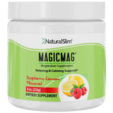 Frasco frontal de NaturalSlim MagicMag magnesio en polvo, sabor Frambuesa y Limón, 226 g.