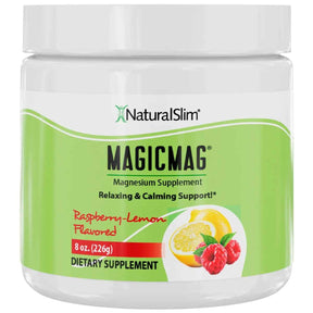 Frasco frontal de NaturalSlim MagicMag magnesio en polvo, sabor Frambuesa y Limón, 226 g.