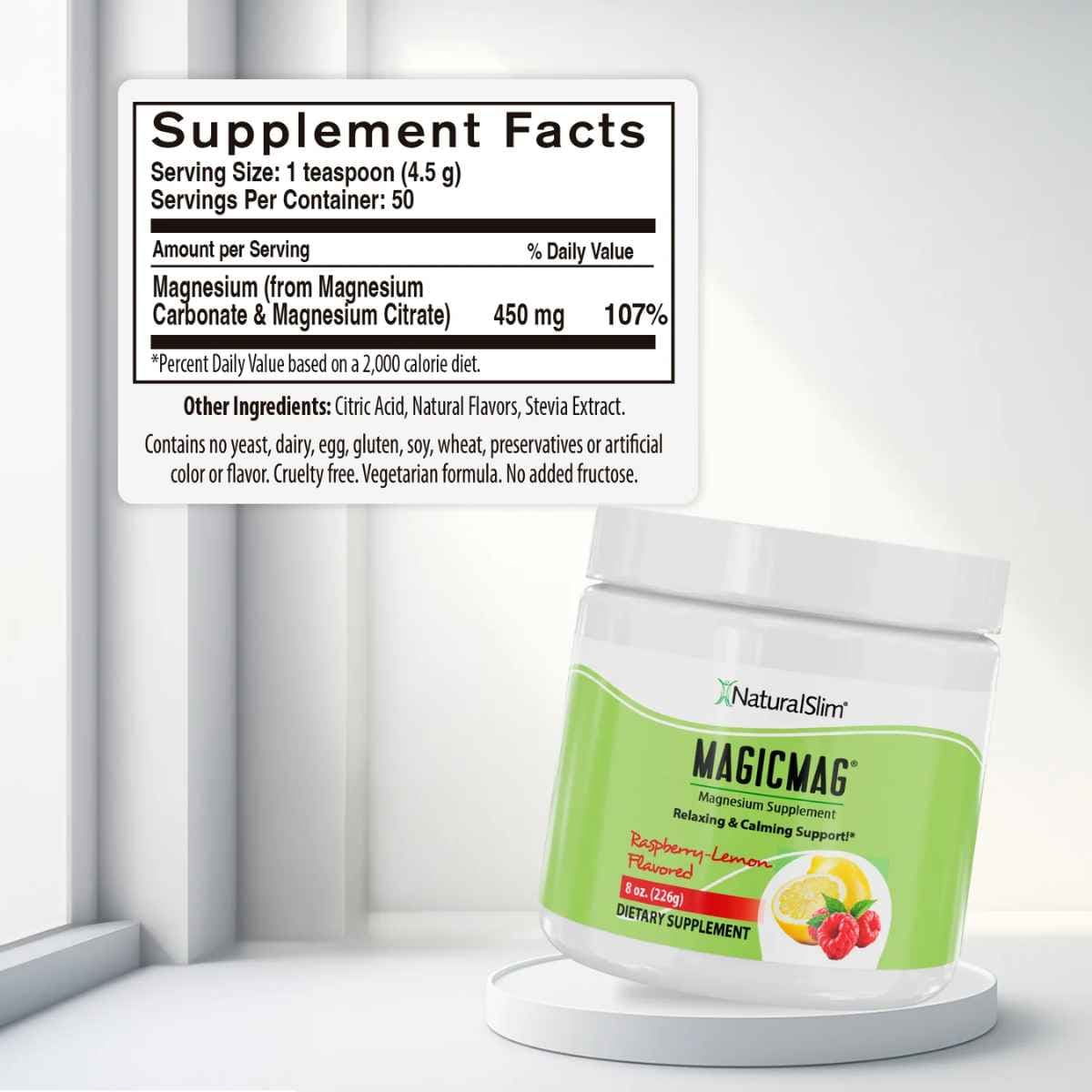 Información del suplemento de NaturalSlim MagicMag magnesio en polvo, sabor Frambuesa y Limón, 226 g.
