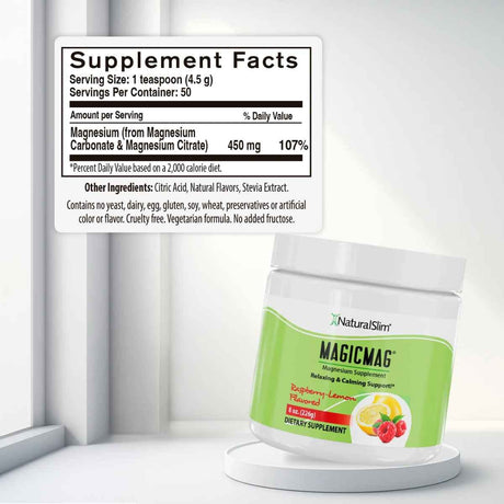 Información del suplemento de NaturalSlim MagicMag magnesio en polvo, sabor Frambuesa y Limón, 226 g.