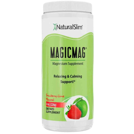 Frasco frontal de NaturalSlim MagicMag magnesio en polvo, sabor Fresa y Limón Natural, 226 g.
