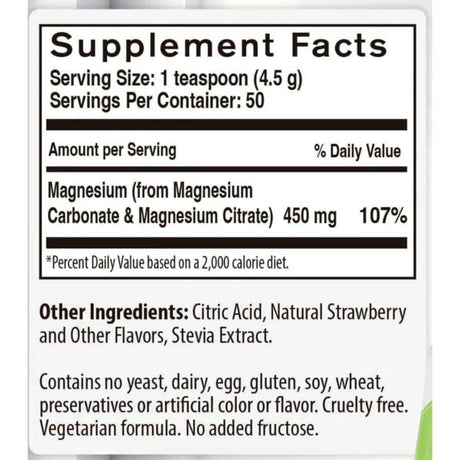 Información del suplemento de NaturalSlim MagicMag magnesio en polvo, sabor Fresa y Limón Natural, 226 g.