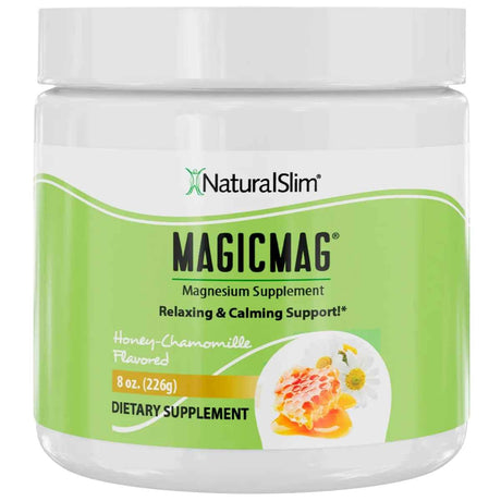 Frasco frontal de NaturalSlim MagicMag magnesio en polvo, sabor Manzanilla y Miel, 226 g.