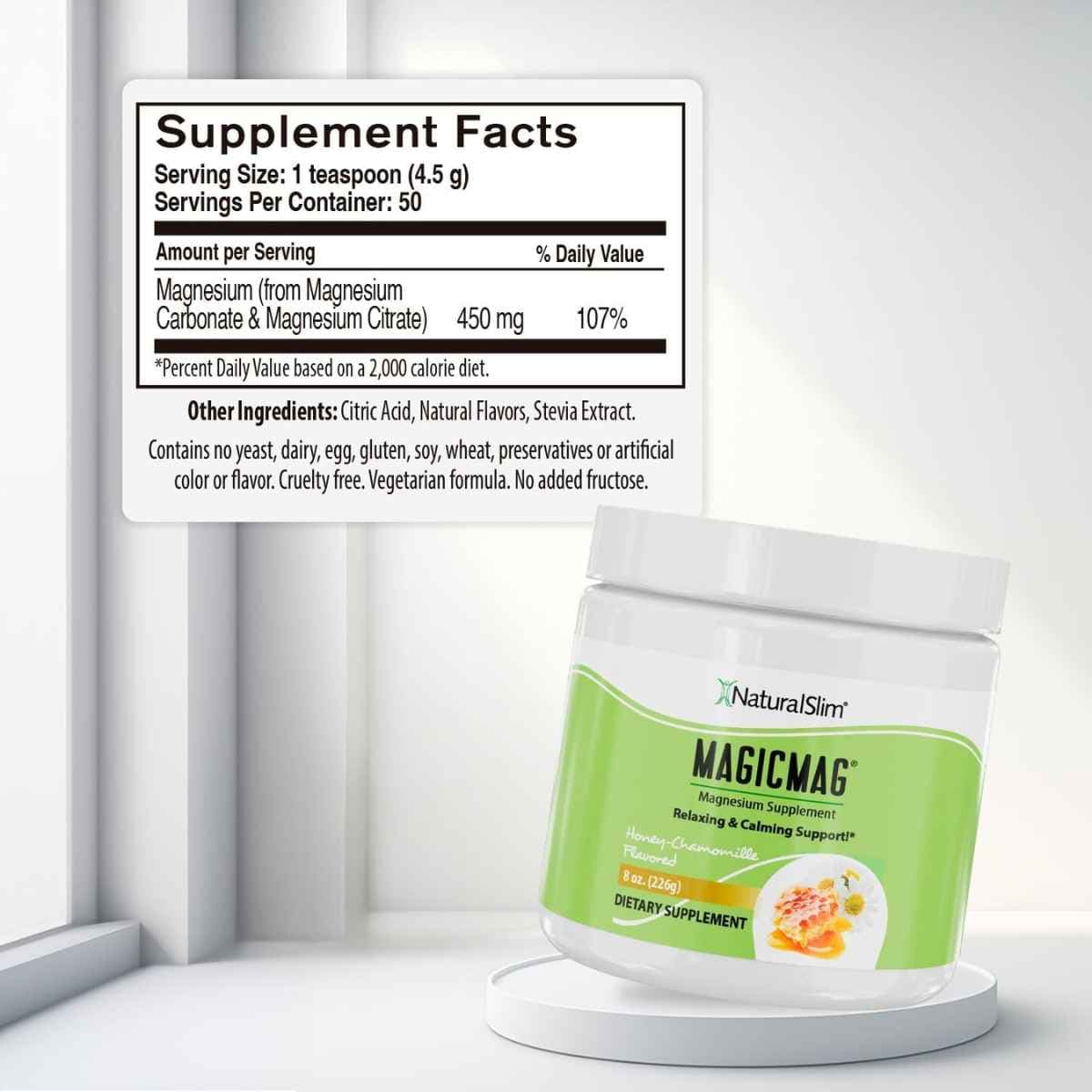 Información del suplemento de NaturalSlim MagicMag magnesio en polvo, sabor Manzanilla y Miel, 226 g.