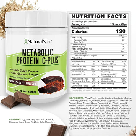 Tabla nutricional del suplemento NaturalSlim Metabolic Protein C-Plus Chocolate 1.1 lbs
