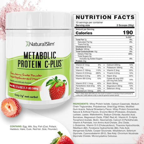 Tabla nutricional del suplemento NaturalSlim Metabolic Protein C-Plus Fresa 1.1 lbs