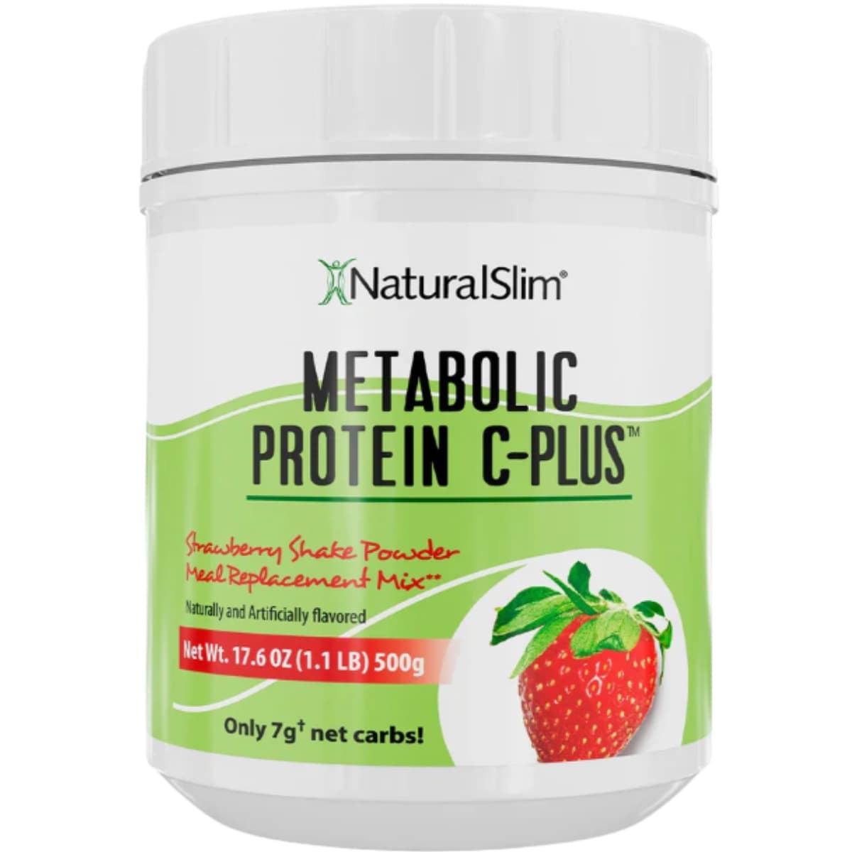 Frasco de suplemento NaturalSlim Metabolic Protein C-Plus Fresa 1.1 lbs
