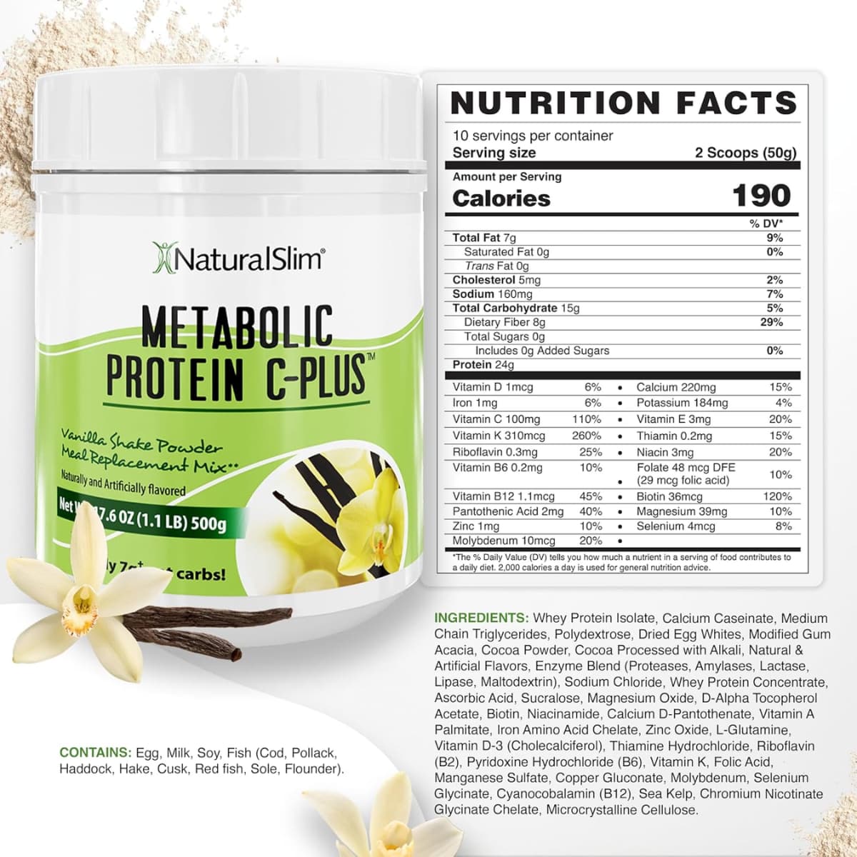Tabla nutricional del suplemento NaturalSlim Metabolic Protein C-Plus Vainilla 1.1 lbs