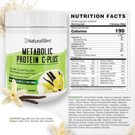 Tabla nutricional del suplemento NaturalSlim Metabolic Protein C-Plus Vainilla 1.1 lbs