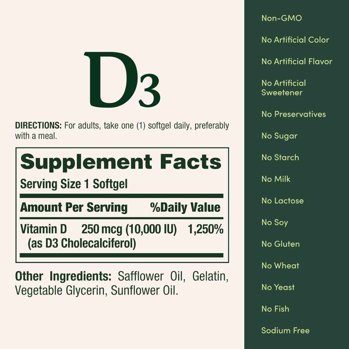 Tabla nutricional del suplemento Nature's Bounty Vitamina D3 10,000 UI 72 cápsulas blandas
