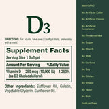 Tabla nutricional del suplemento Nature's Bounty Vitamina D3 10,000 UI 72 cápsulas blandas