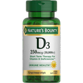 Frasco de suplemento Nature's Bounty Vitamina D3 10,000 UI 72 cápsulas blandas