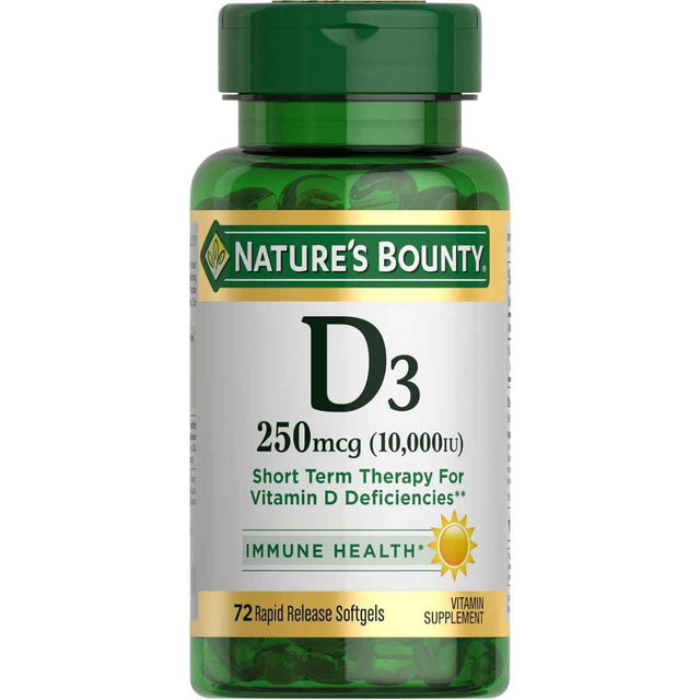 Frasco de suplemento Nature's Bounty Vitamina D3 10,000 UI 72 cápsulas blandas