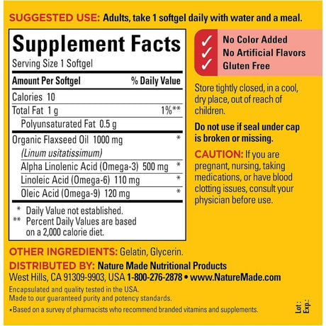 Tabla nutricional del suplemento Nature Made Aceite de Linaza Orgánico 1000 mg 180 Cápsulas Blandas