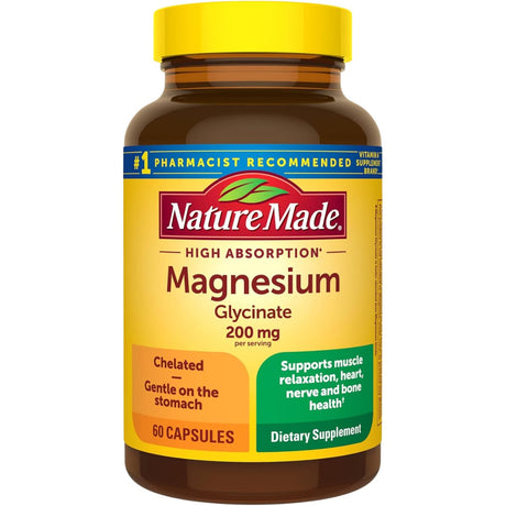 Frasco frontal de Nature Made bisglicinato de magnesio con 60 cápsulas
