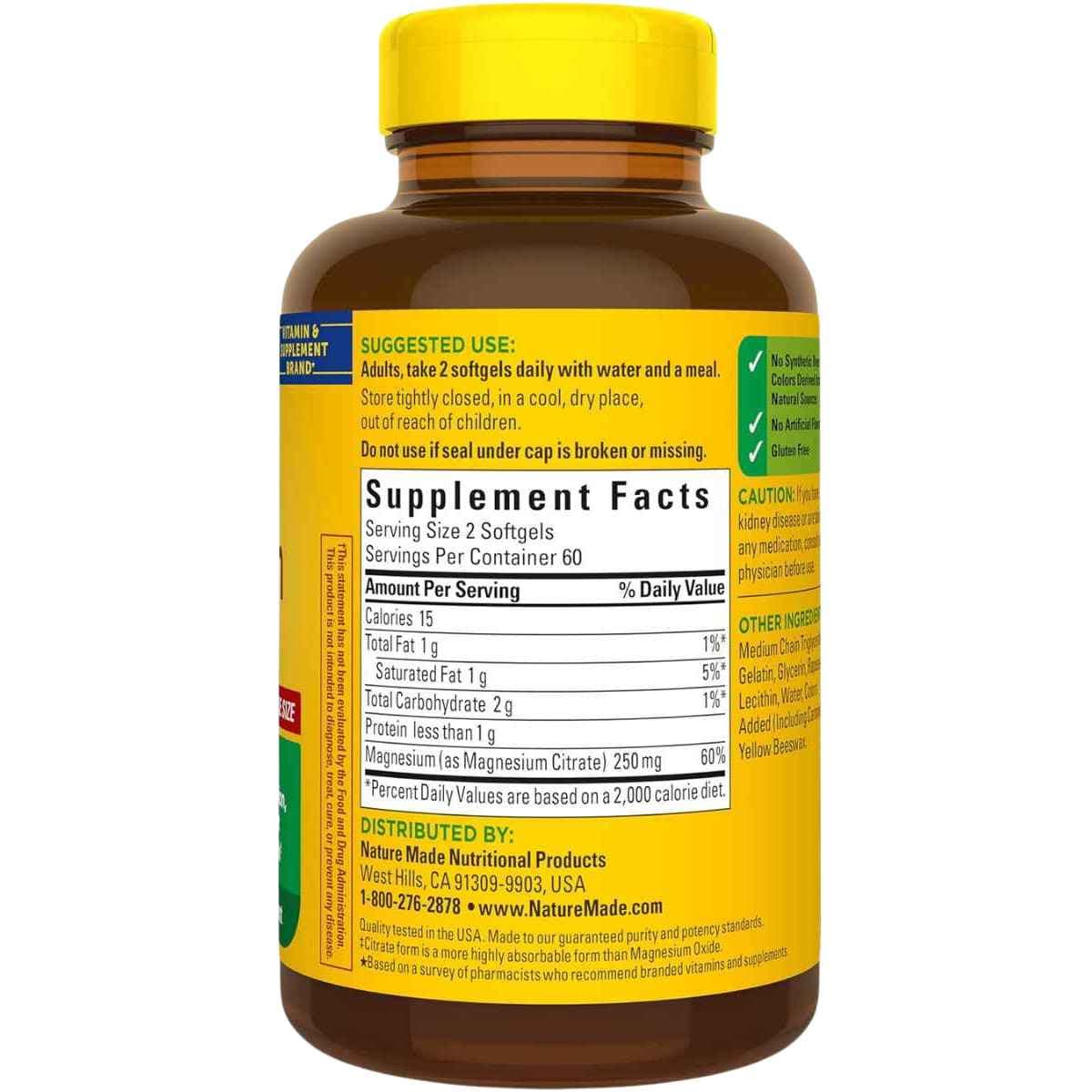 Tabla nutricional del suplemento Nature Made Citrato de Magnesio 250 mg 120 Cápsulas Blandas