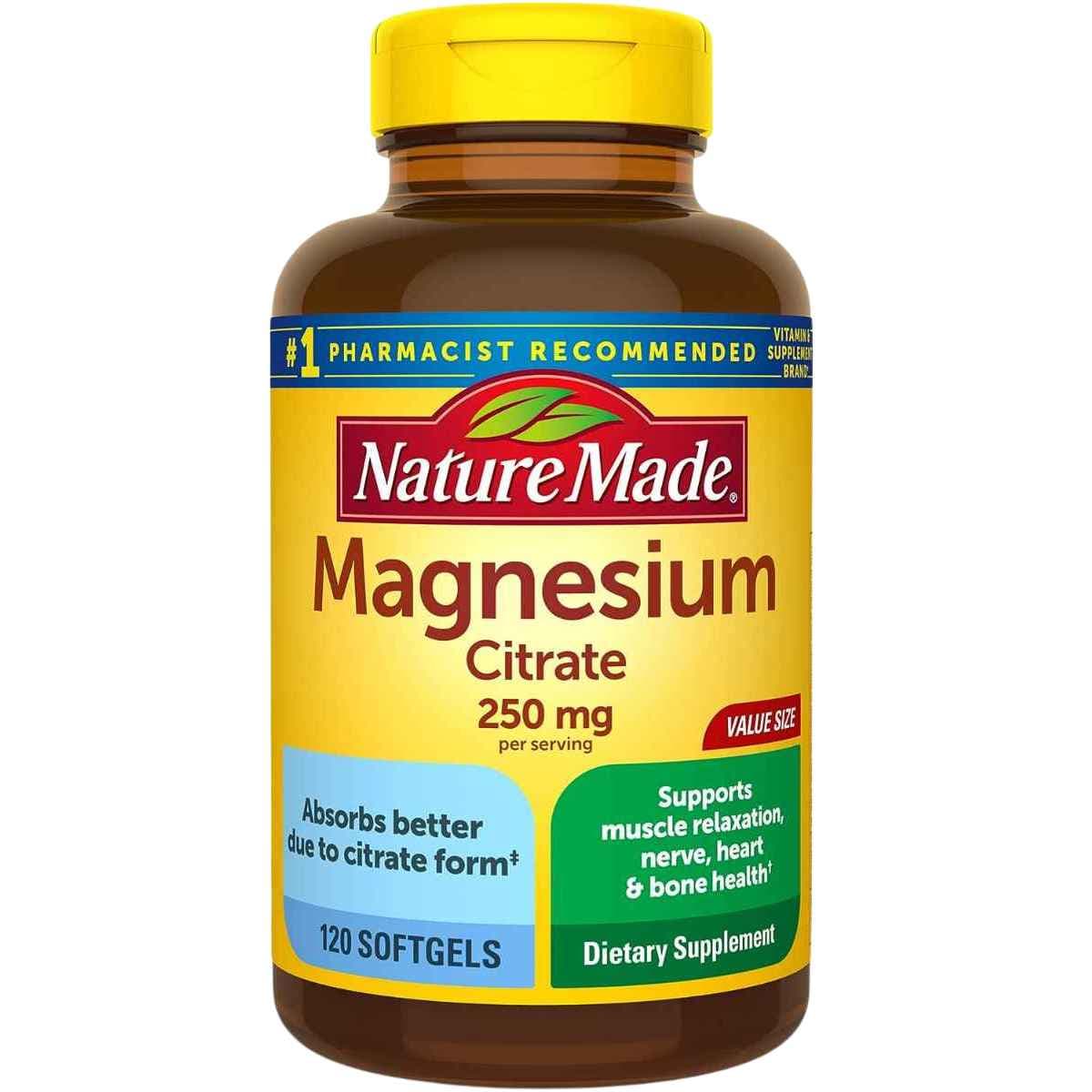 Frasco de suplemento Nature Made Citrato de Magnesio 250 mg 120 Cápsulas Blandas