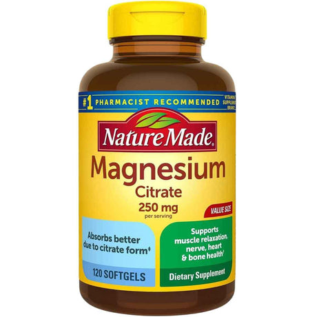 Frasco de suplemento Nature Made Citrato de Magnesio 250 mg 120 Cápsulas Blandas