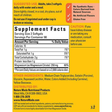 Tabla nutricional del suplemento Nature Made Citrato de Magnesio 250 mg 180 Cápsulas Blandas