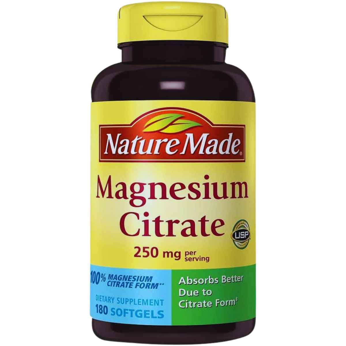 Frasco de suplemento Nature Made Citrato de Magnesio 250 mg 180 Cápsulas Blandas