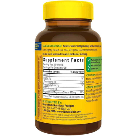 Tabla nutricional del suplemento Nature Made Citrato de Magnesio 250 mg 60 Cápsulas Blandas
