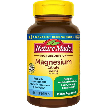 Frasco de suplemento Nature Made Citrato de Magnesio 250 mg  60 Cápsulas Blandas