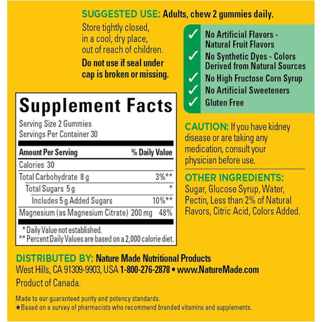 Tabla nutricional del suplemento Nature Made Citrato de Magnesio de Alta Absorción Sabor Mezcla de Bayas 60 Gomitas