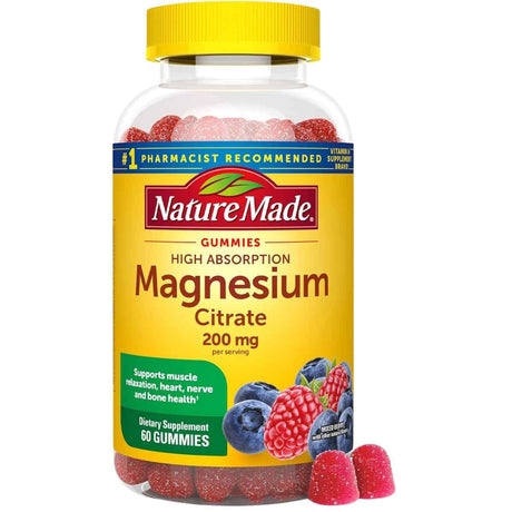 Frasco de suplemento Nature Made Citrato de Magnesio de Alta Absorción Sabor Mezcla de Bayas 60 Gomitas