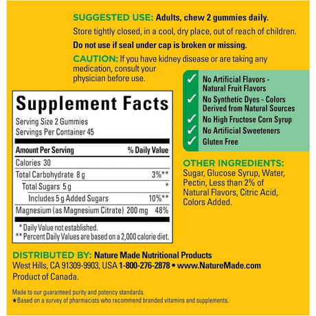 Tabla nutricional del suplemento Nature Made Citrato de Magnesio de Alta Absorción Sabor Mezcla de Bayas 90 Gomitas