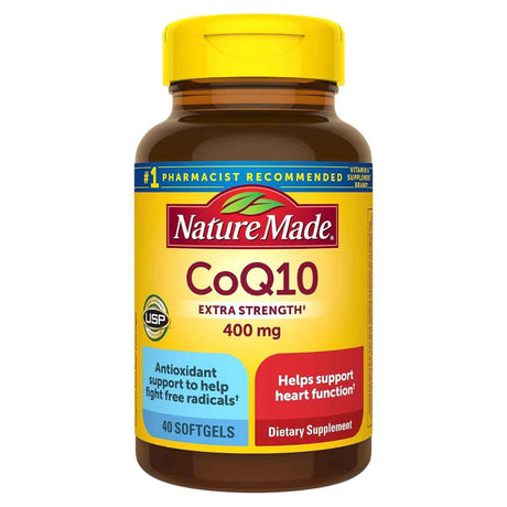 Frasco frontal de Nature Made coenzima Q10 400 mg, presentación de 40 cápsulas blandas.